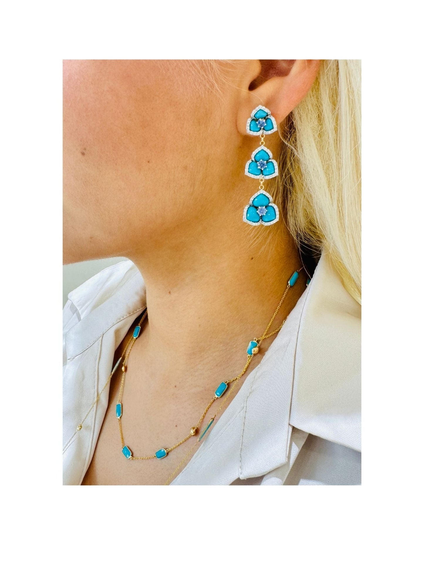 Turquoise Tabiz Shape, Blue Sapphire Round & Diamond Earring In 18K Yellow Gold - AiJi World