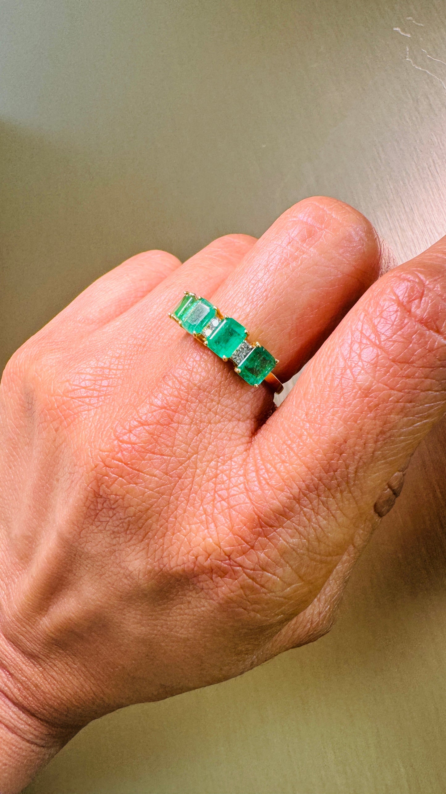 Emerald Rectangle & Diamond Ring In 18K Yellow Gold - AiJi World