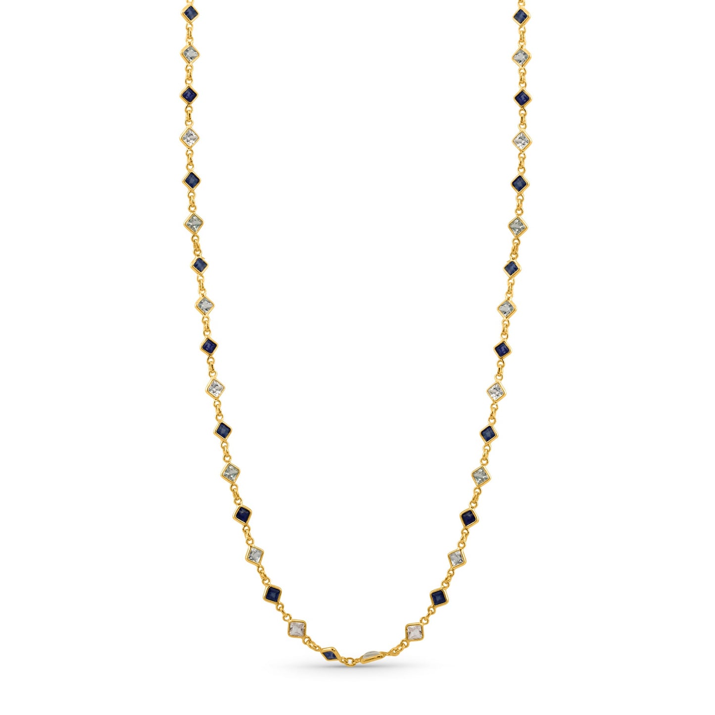 Blue sapphire princess cut Link to Link Necklace In 18K Yellow Gold - AiJi World