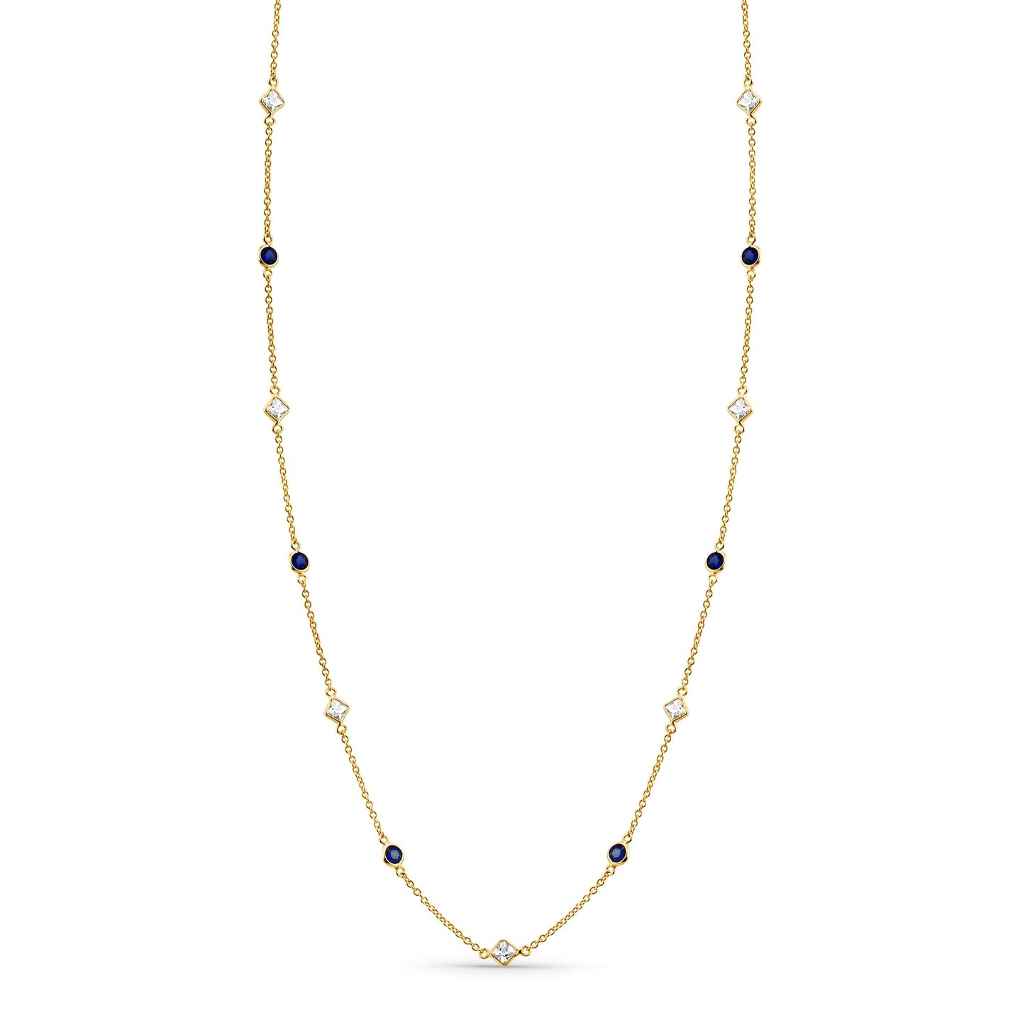 White Sapphire Square & Blue Sapphire Round Necklace In 18K Yellow Gold - AiJi World