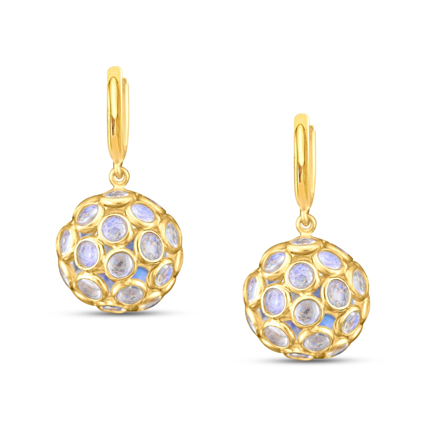 Rainbow Moonstone Ball Earrings With Plain Gold Huggies In 18K Yellow Gold - AiJi World