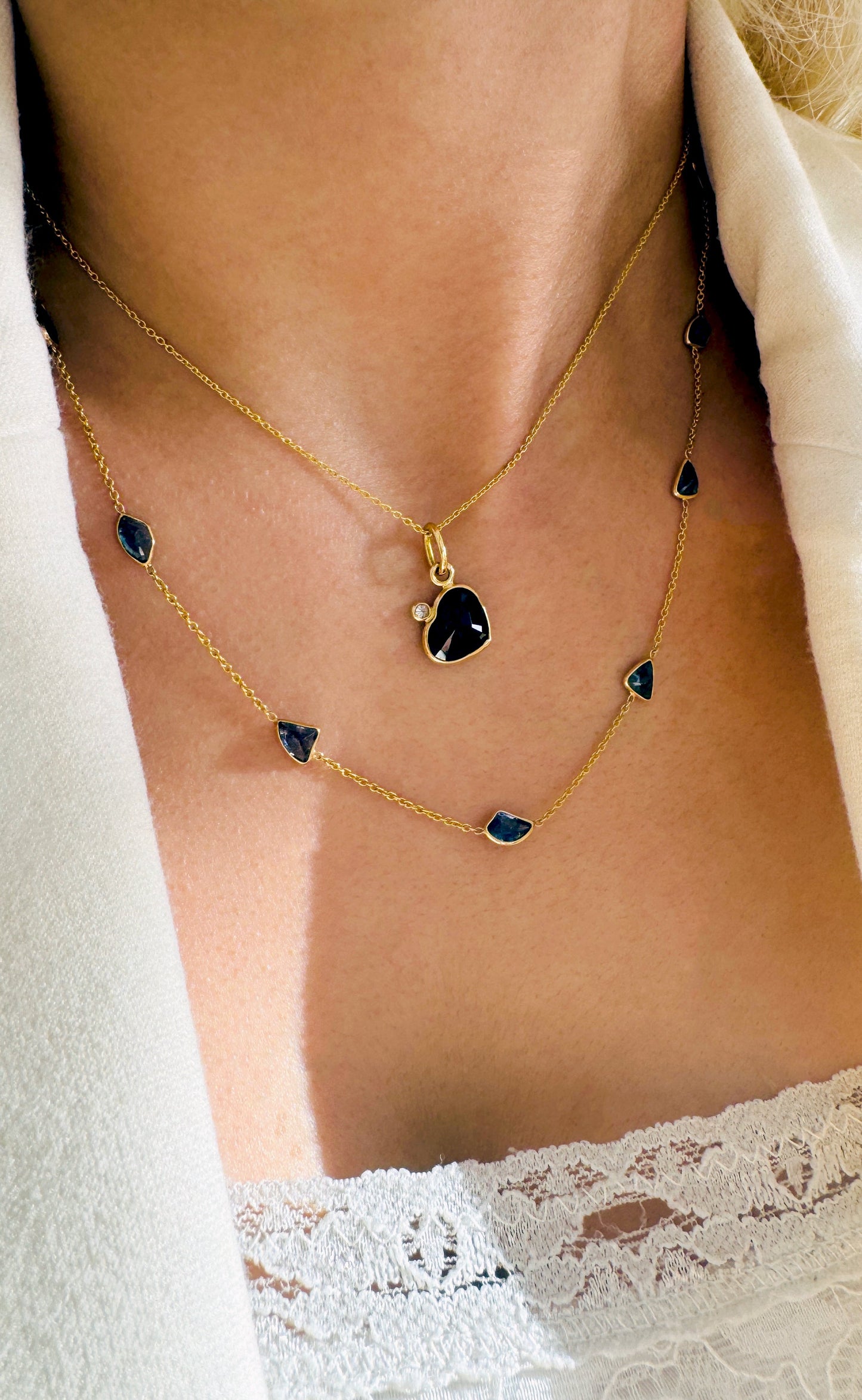 Blue Sapphire Multishape Station Necklace 18K Yellow Gold - AiJi World
