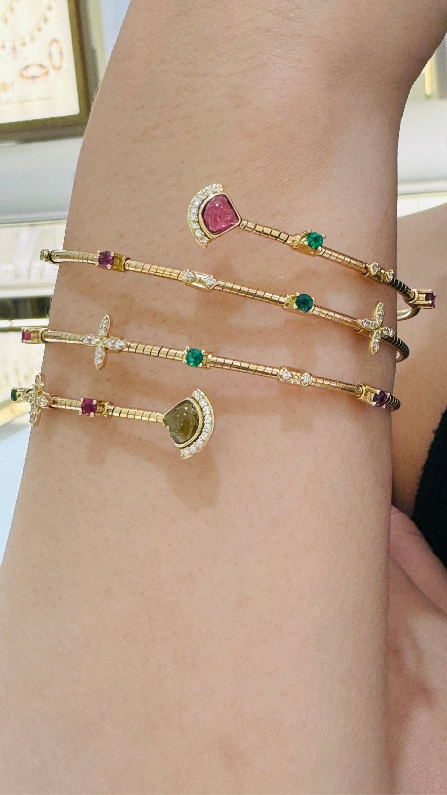 Multicolor Gemstone & Diamond 3 Row Symphony Bracelet In 18K Yellow Gold - AiJi World
