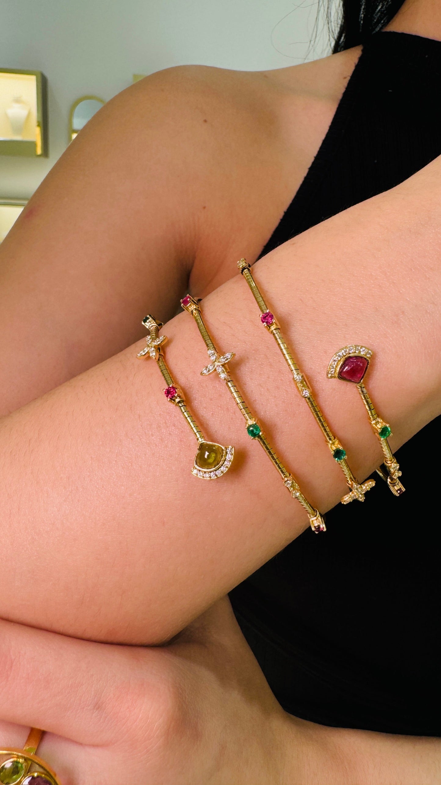 Multicolor Gemstone & Diamond 3 Row Symphony Bracelet In 18K Yellow Gold - AiJi World