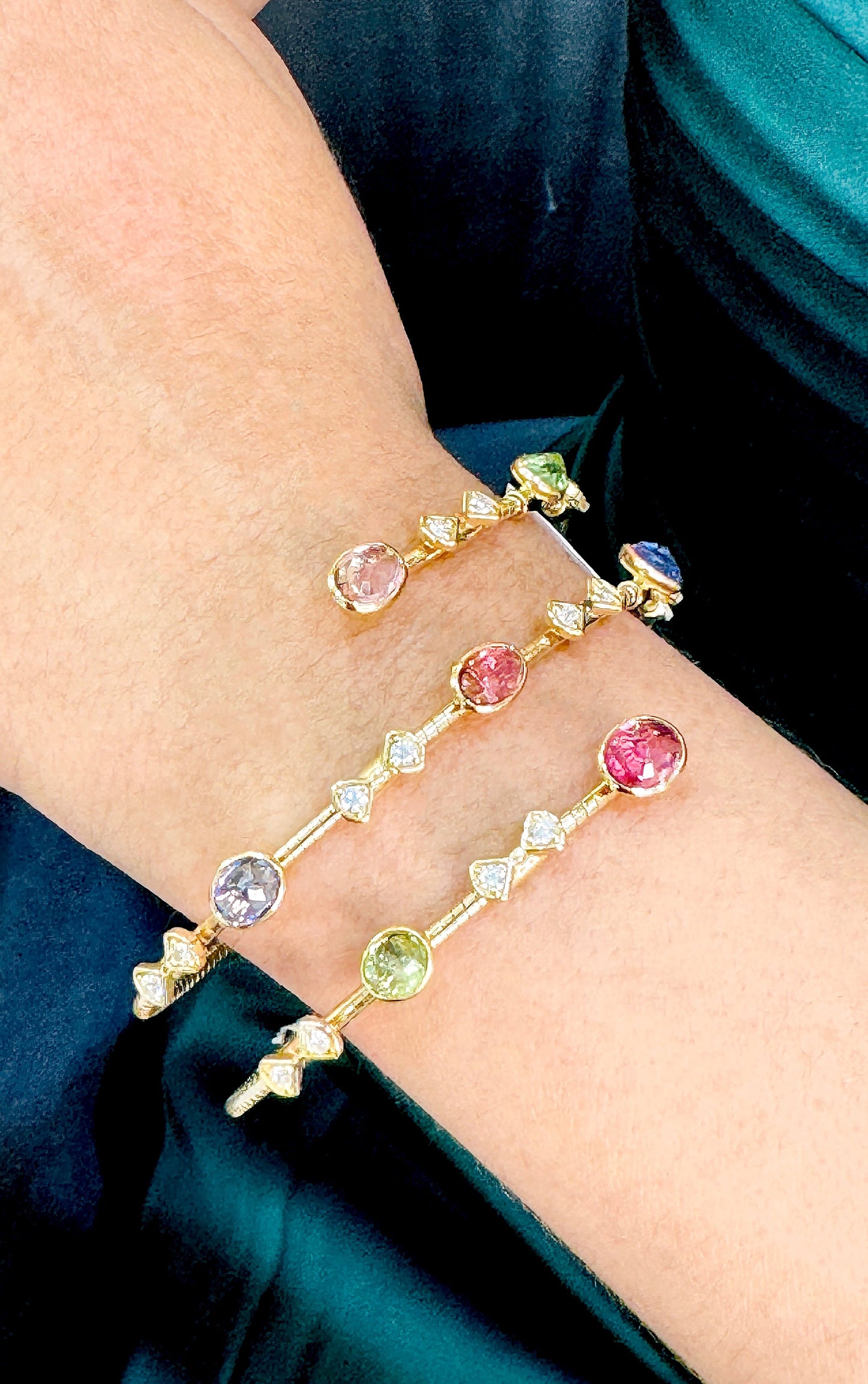 Multicolor Gemstone & Diamond 2 Row Symphony Bracelet In 18K Yellow Gold - AiJi World