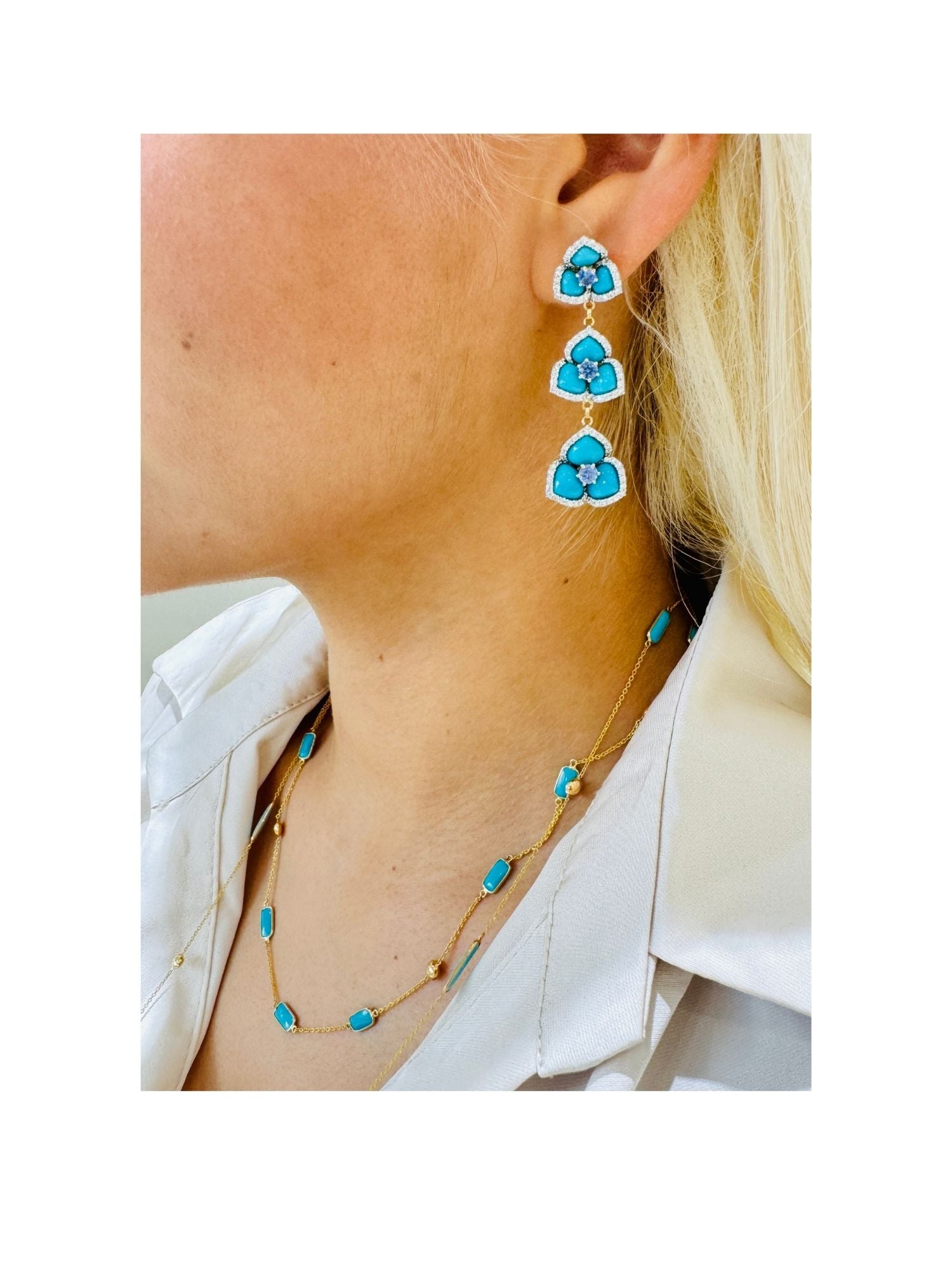 Turquoise Tabiz Shape, Blue Sapphire Round & Diamond Earring In 18K Yellow Gold - AiJi World 