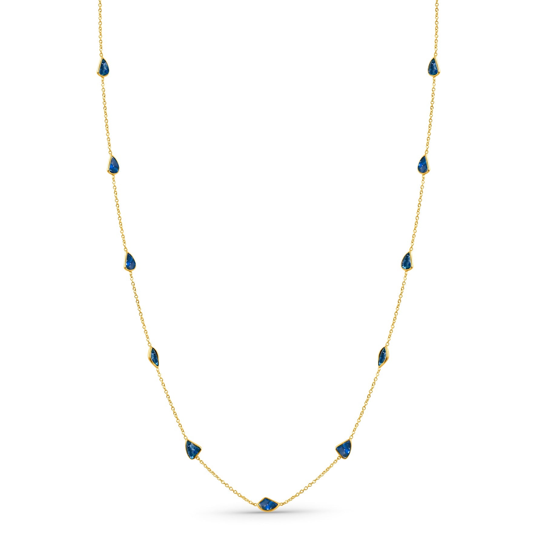 Blue Sapphire Multishape Station Necklace 18K Yellow Gold - AiJi World 