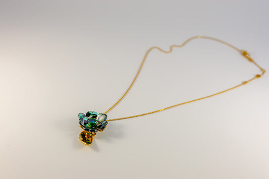 Gold Chain Necklace with Green and Black Floral Pendant