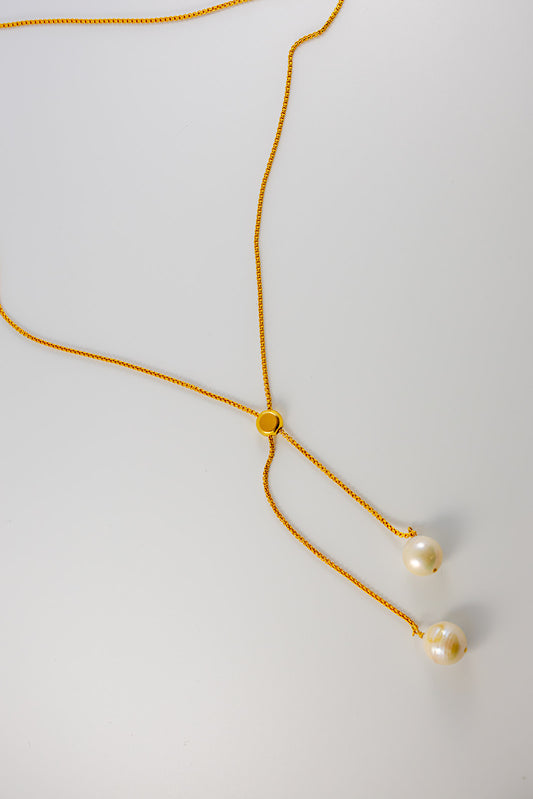 Gold Chain Necklace with Two Drop Pearls
