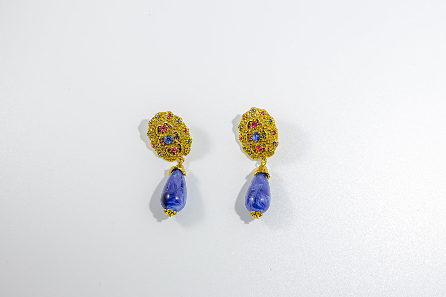 Ornate Gold and Blue Gemstone Earrings