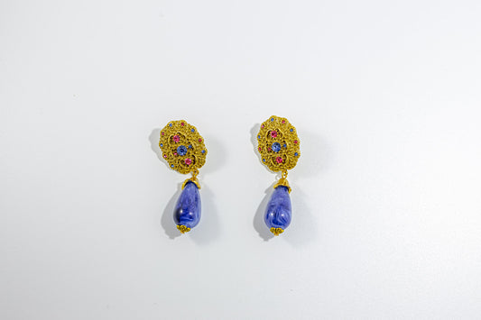 Ornate Gold and Blue Gemstone Earrings