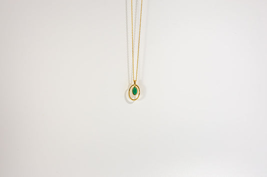 Gold Necklace with Oval Pendant Green Gemstone