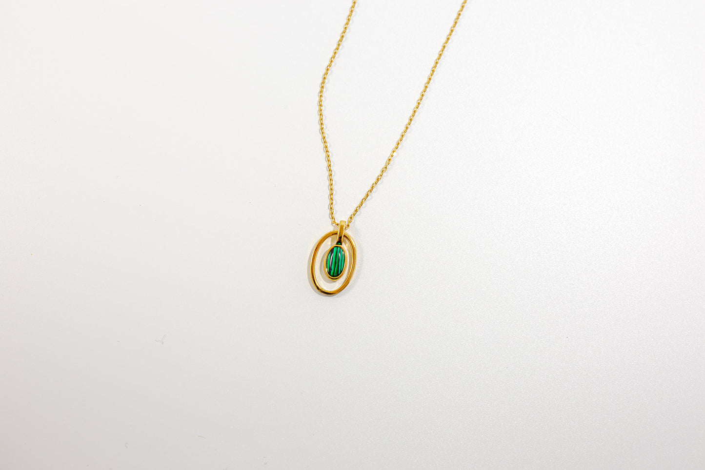 Gold Necklace with Oval Pendant Green Gemstone