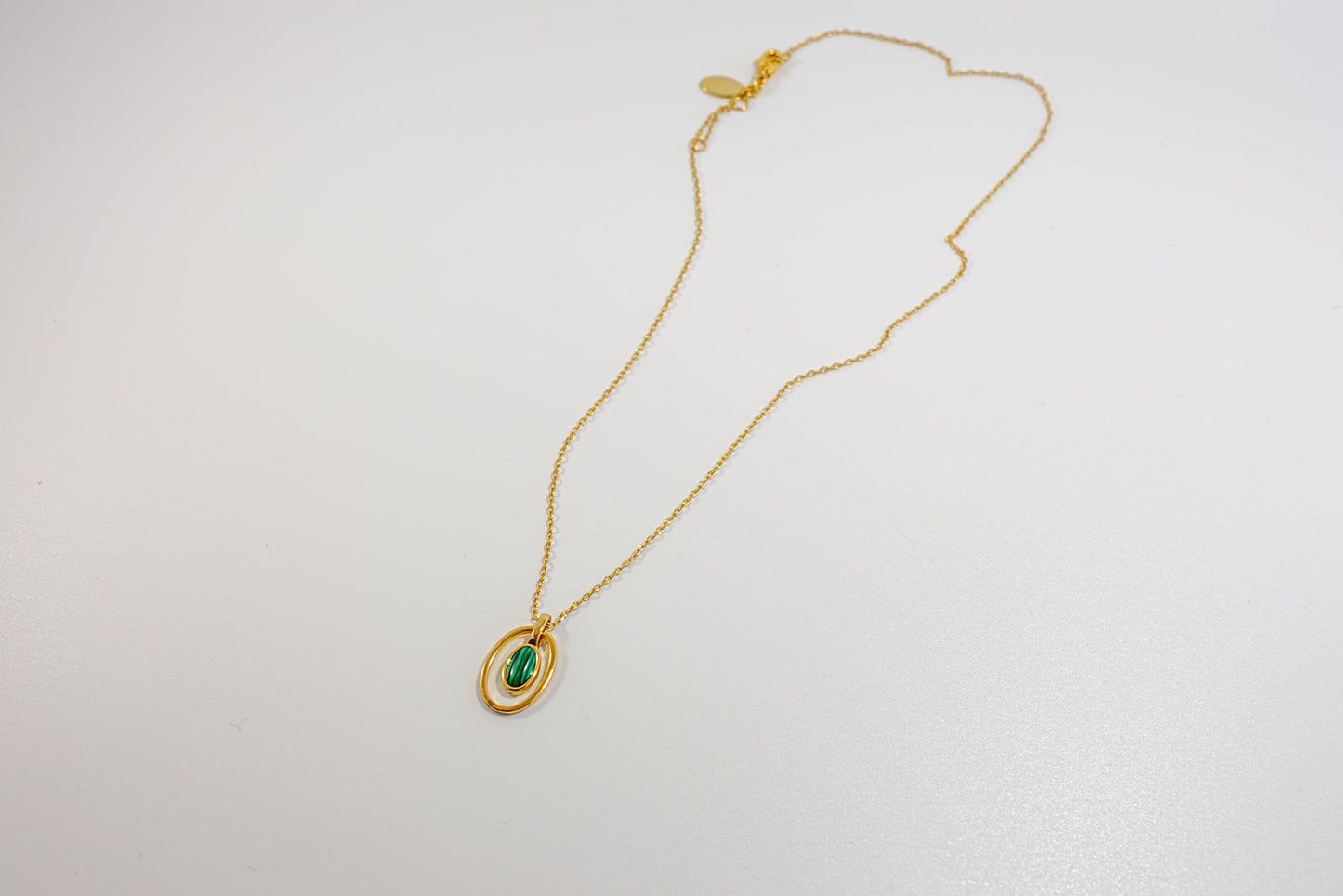 Gold Necklace with Oval Pendant Green Gemstone