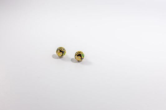 Round Black with Flower Stud Earring