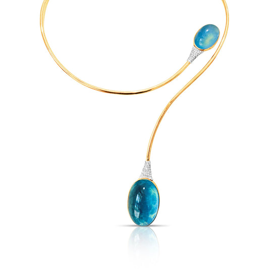 Aquamarine Oval & Diamond Necklace in 18K Yellow Gold - AiJi World 