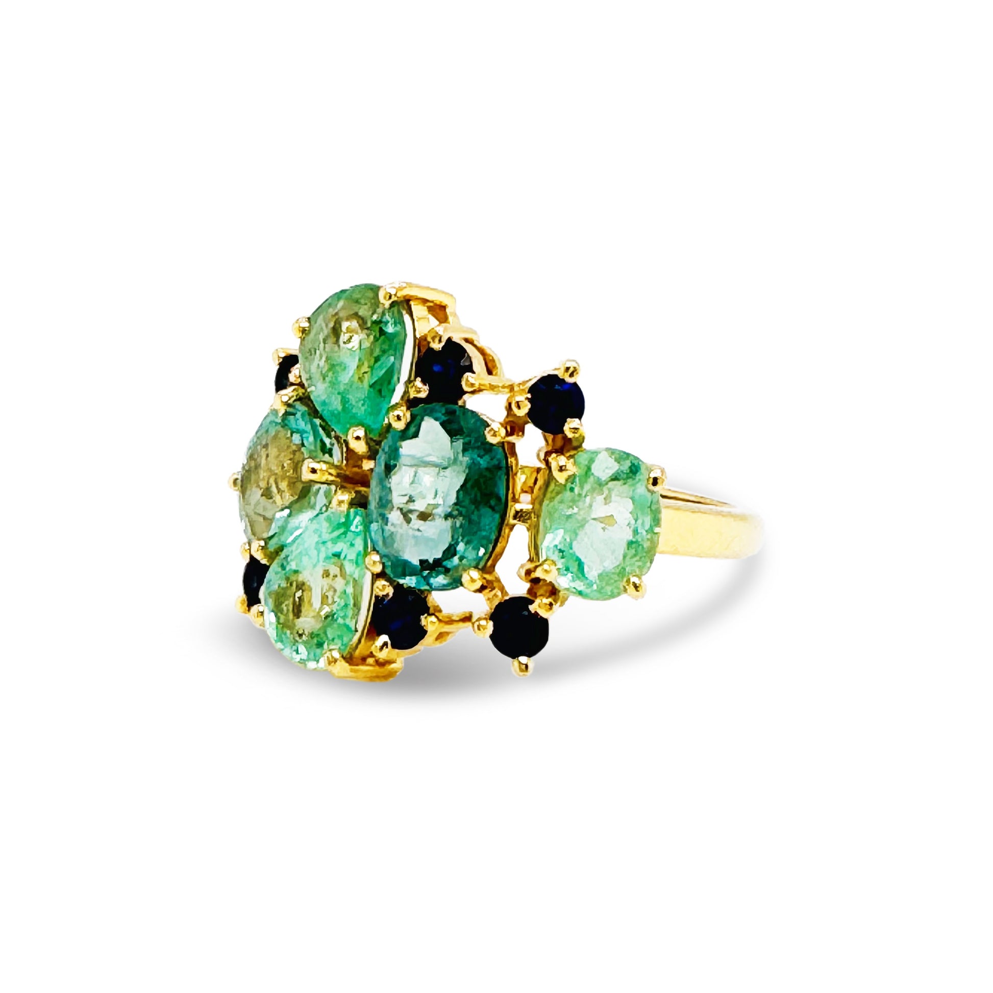 Paraiba Tourmaline Mix Shape & Blue Sapphire Rd. Ring In 18K Yellow Gold - AiJi World 