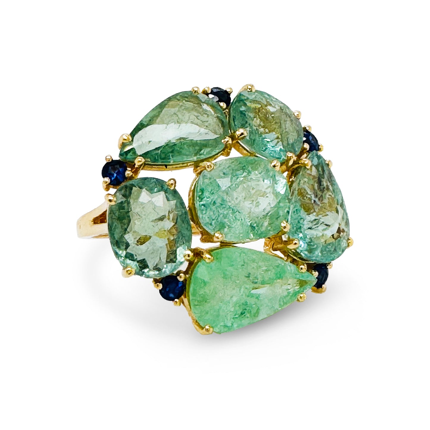 Paraiba Tourmaline Mix Shape & Blue Sapphire Rd. Ring In 18K Yellow Gold - AiJi World 