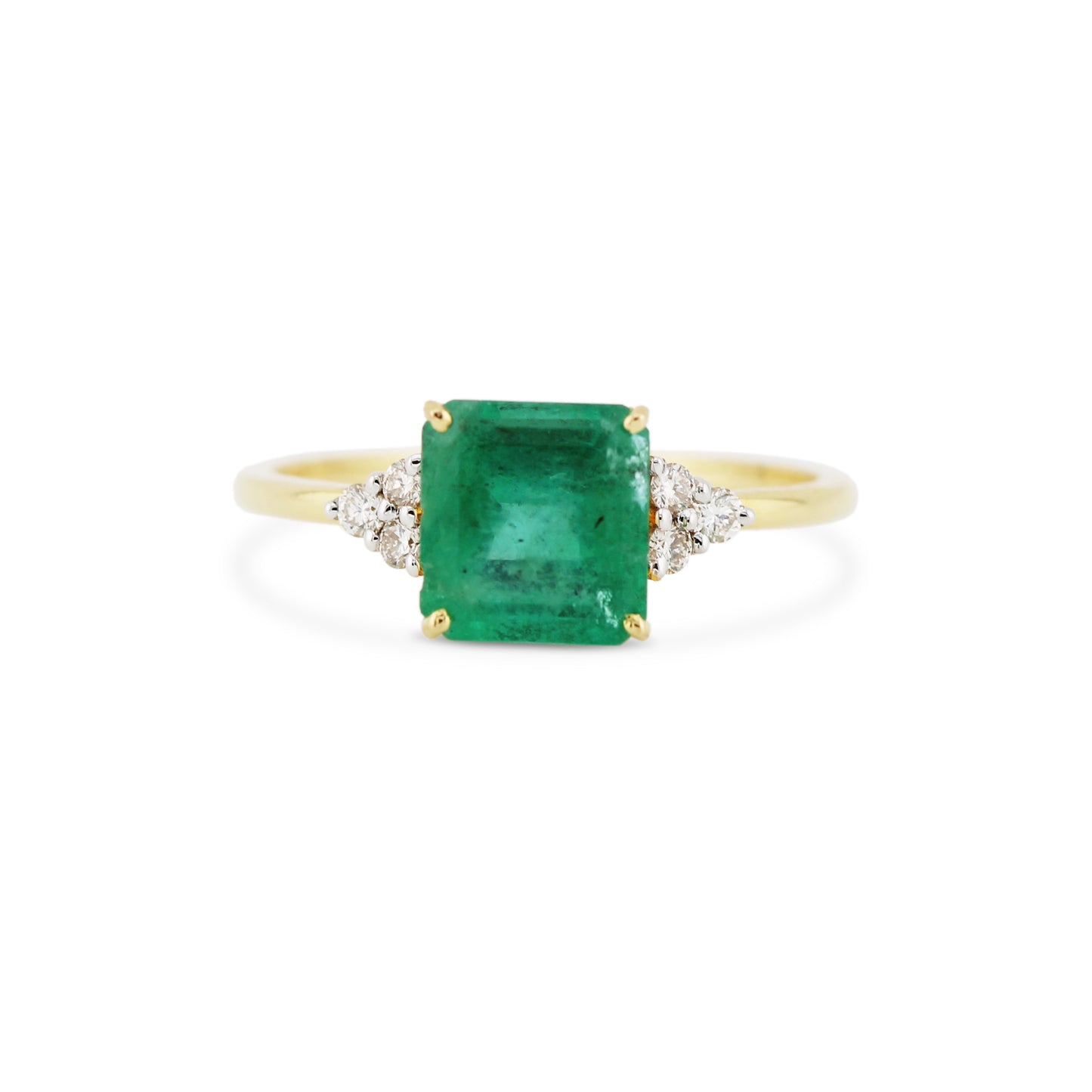 Emerald Square & Diamond Round Ring In 18K Yellow Gold - AiJi World 