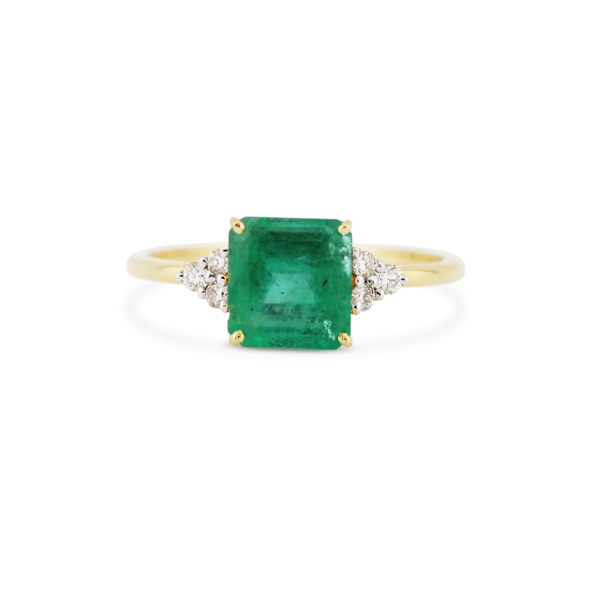 Emerald Square & Diamond Round Ring In 18K Yellow Gold - AiJi World 