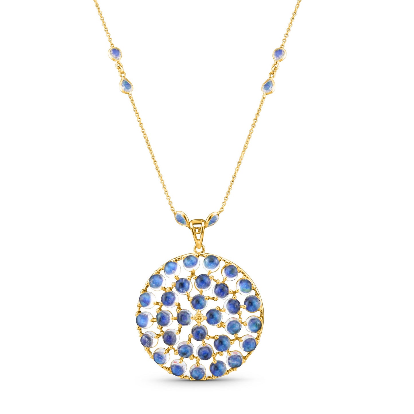 Rainbow Moonstone Round & Diamond Pendant In 18K Yellow Gold - AiJi World 