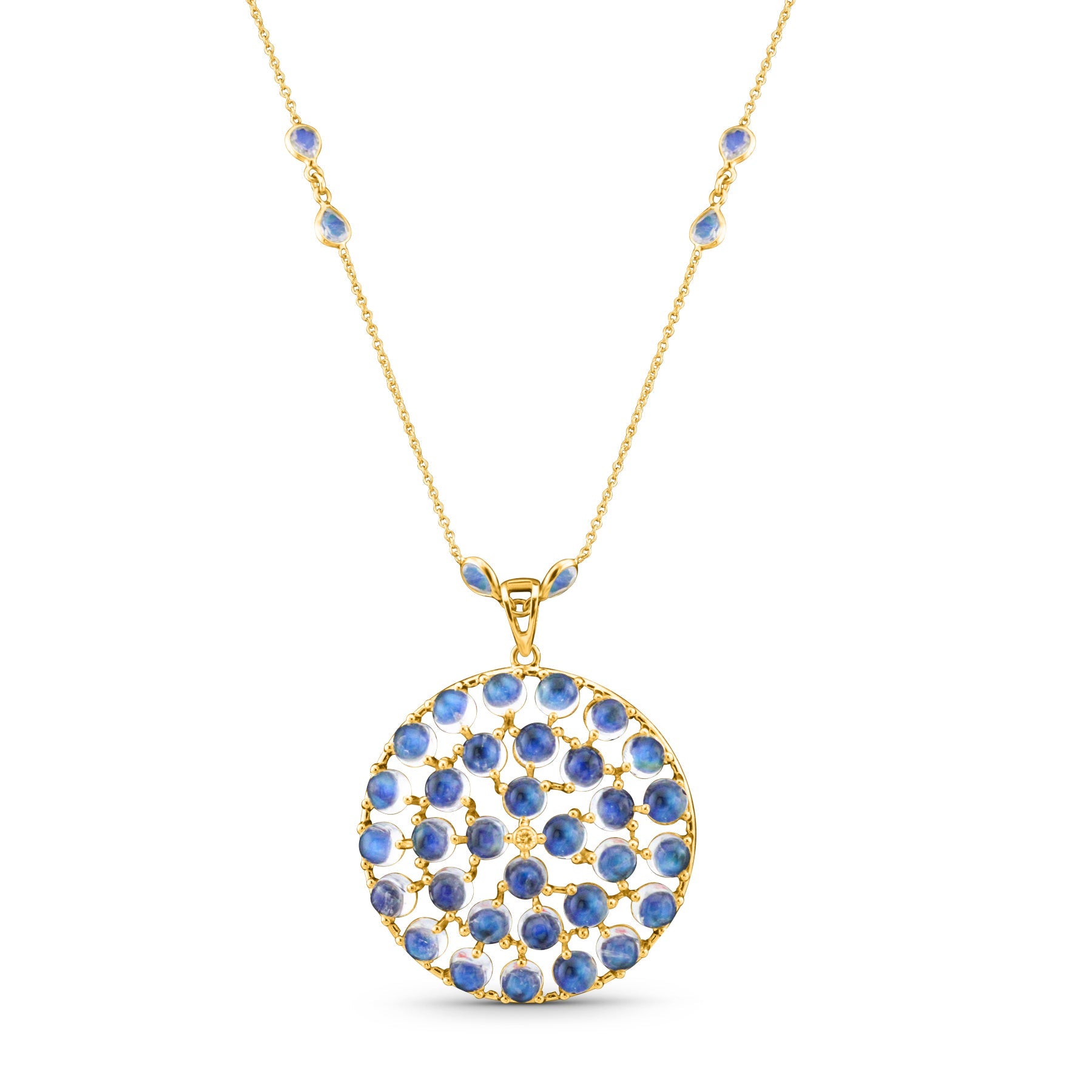 Rainbow Moonstone Round & Diamond Pendant In 18K Yellow Gold - AiJi World 