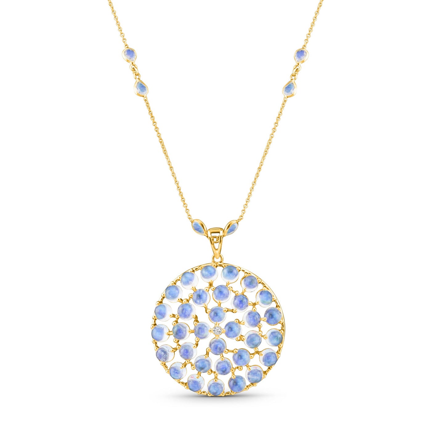 Rainbow Moonstone Round & Diamond Pendant In 18K Yellow Gold - AiJi World 