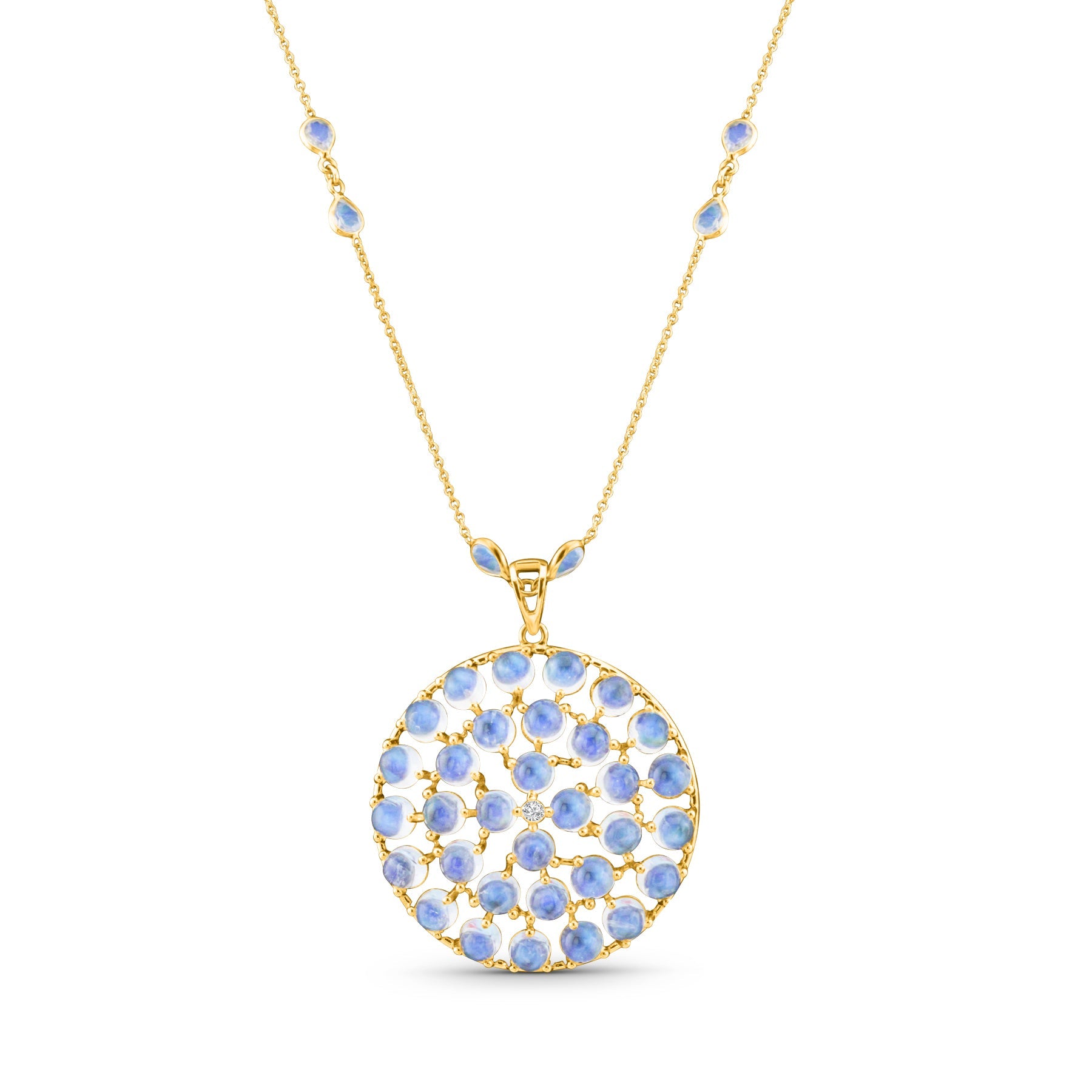 Rainbow Moonstone Round & Diamond Pendant In 18K Yellow Gold - AiJi World 