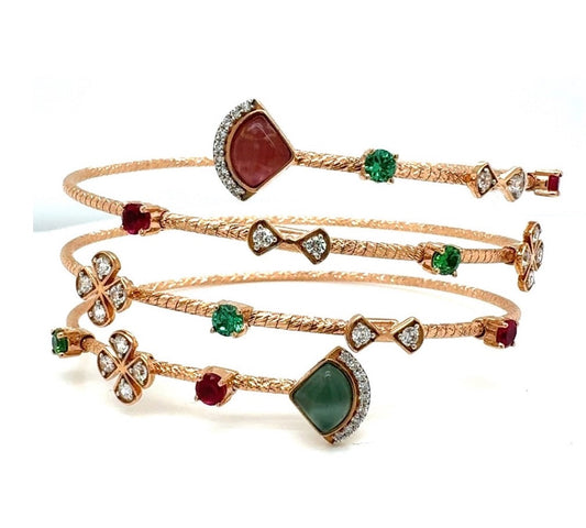 Multicolor Gemstone & Diamond Triple Row Symphony Bracelet In 18K Rose Gold - AiJi World 