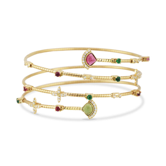 Multicolor Gemstone & Diamond 3 Row Symphony Bracelet In 18K Yellow Gold - AiJi World 