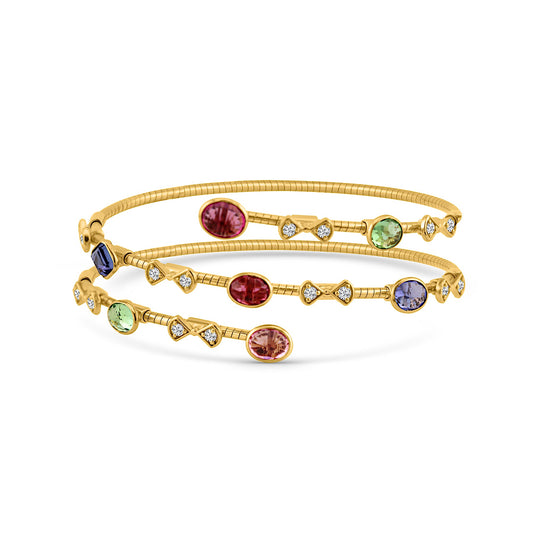 Multicolor Gemstone & Diamond 2 Row Symphony Bracelet In 18K Yellow Gold - AiJi World 