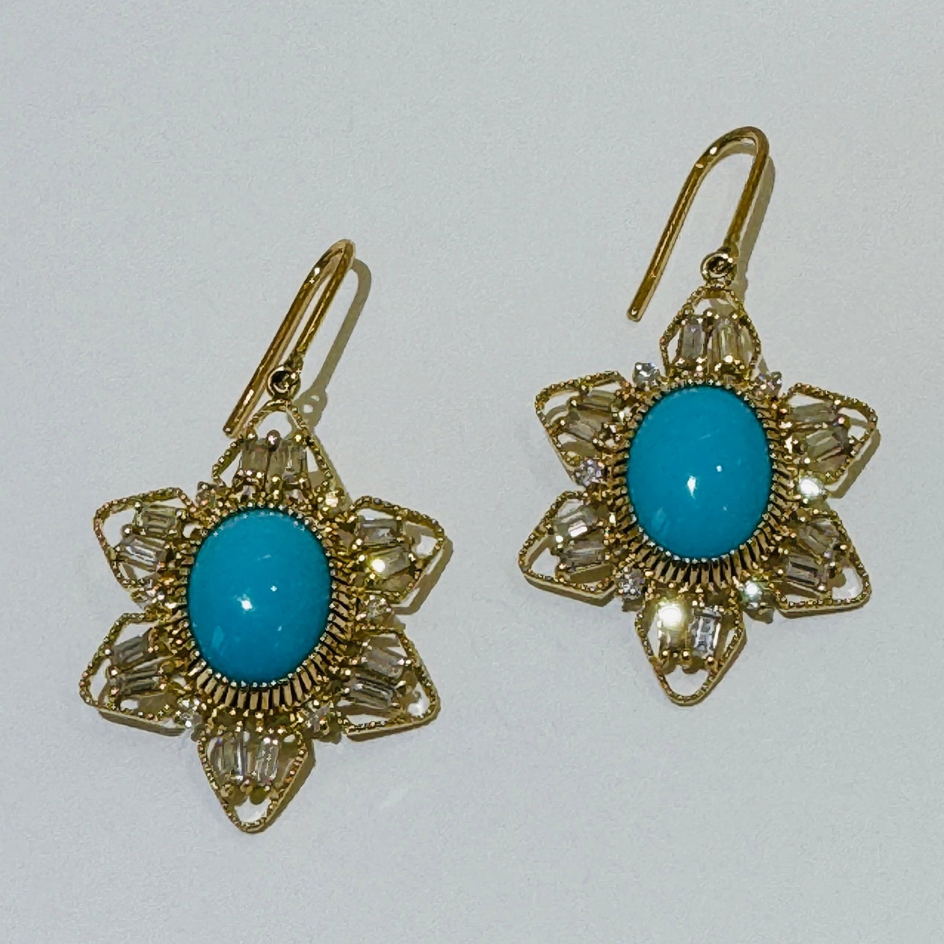 Turquoise Oval & Diamond Earring In 18K Yellow Gold - AiJi World 