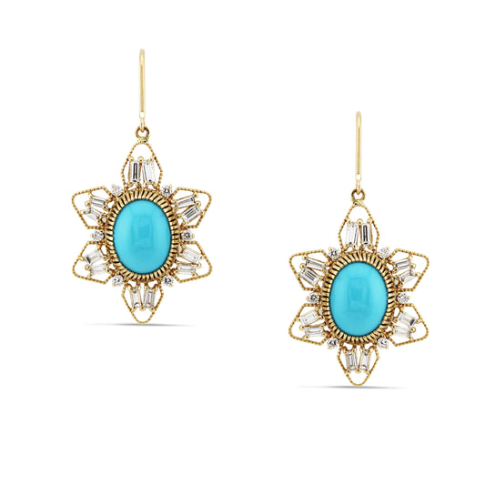 Turquoise Oval & Diamond Earring In 18K Yellow Gold - AiJi World 