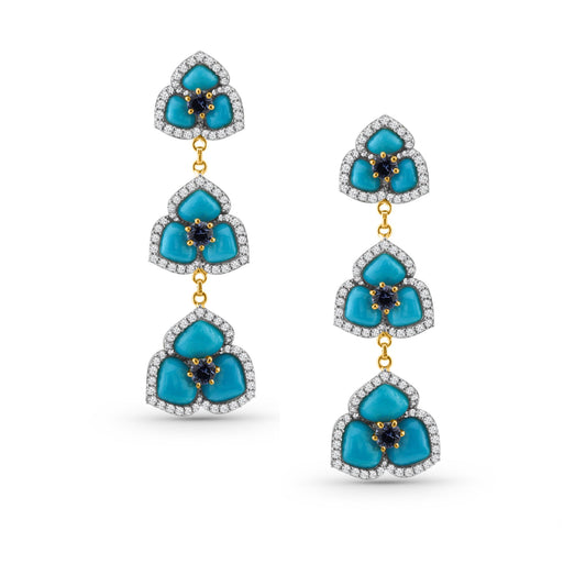 Turquoise Tabiz Shape, Blue Sapphire Round & Diamond Earring In 18K Yellow Gold - AiJi World 
