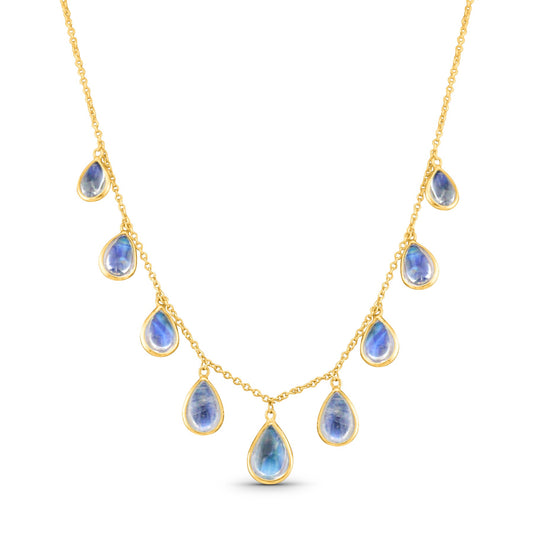 Rainbow Moonstone Pear Shape Necklace In 18K Yellow Gold - AiJi World 