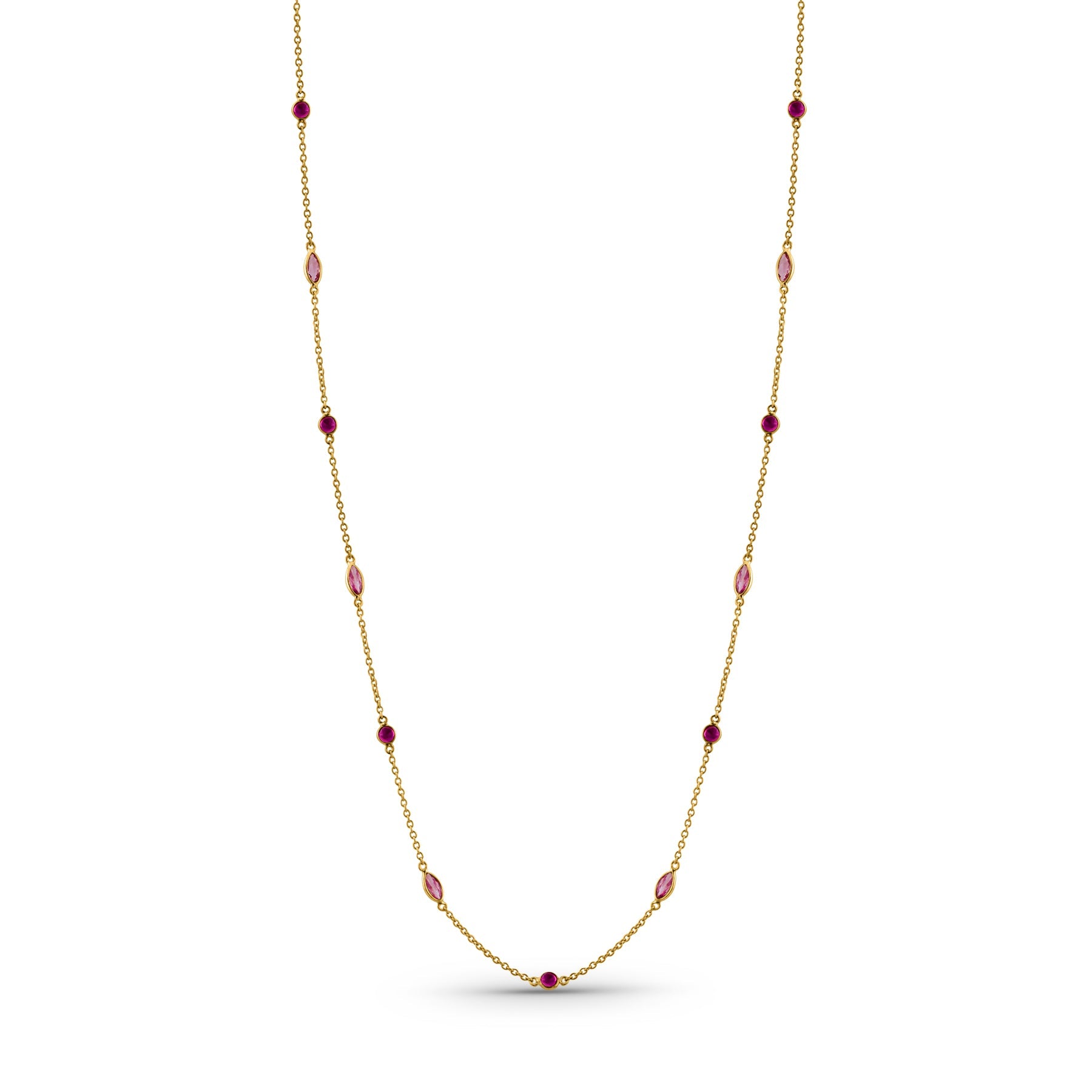 Ruby Round & Pink Sapphire Marquise Necklace In 18K Yellow Gold - AiJi World 