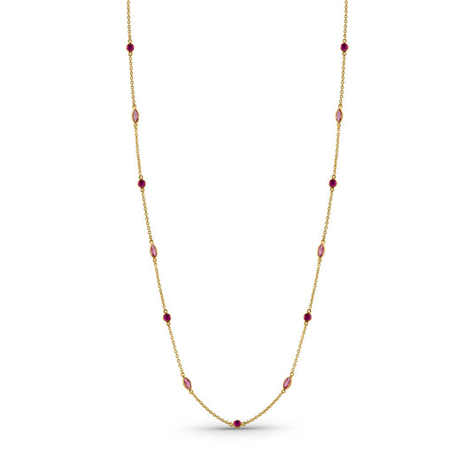 Ruby Round & Pink Sapphire Marquise Necklace In 18K Yellow Gold - AiJi World 