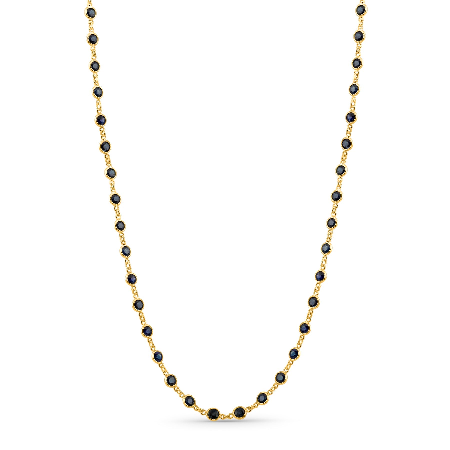 Blue Sapphire Round Link to Link Necklace In 18K Yellow Gold - AiJi World 