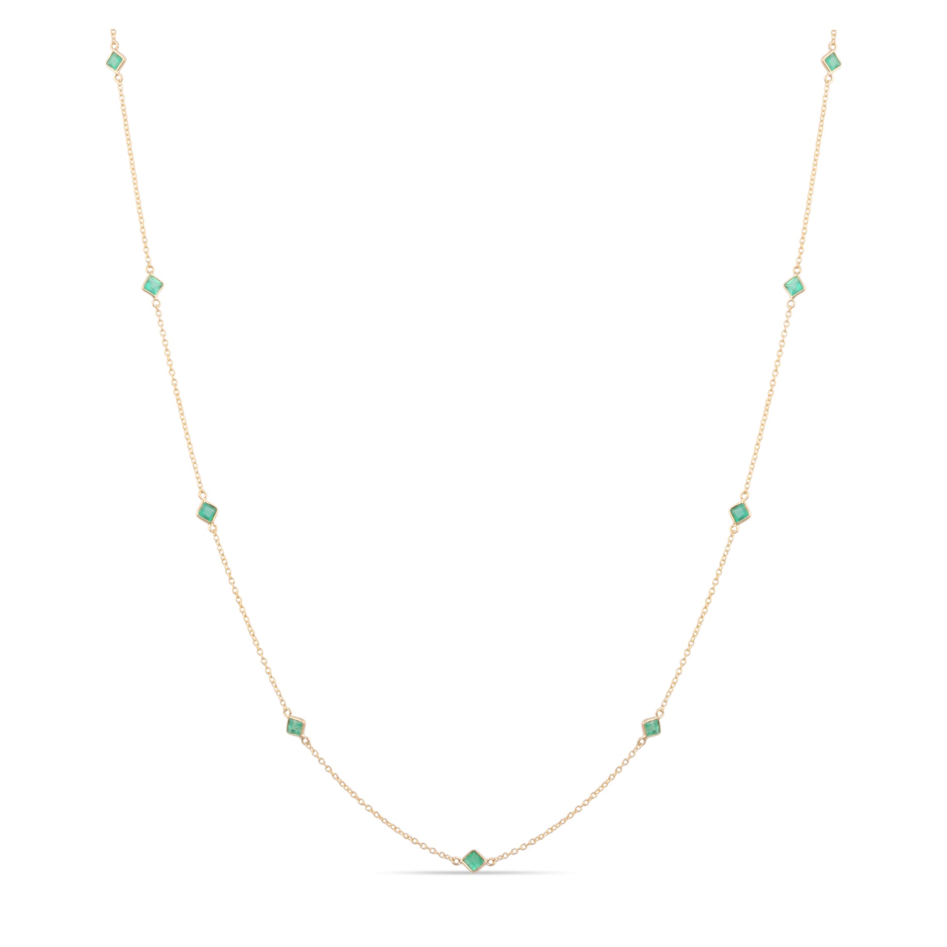 Gemstone Princess-Cut Station Necklace In 18K Yellow Gold - AiJi World 