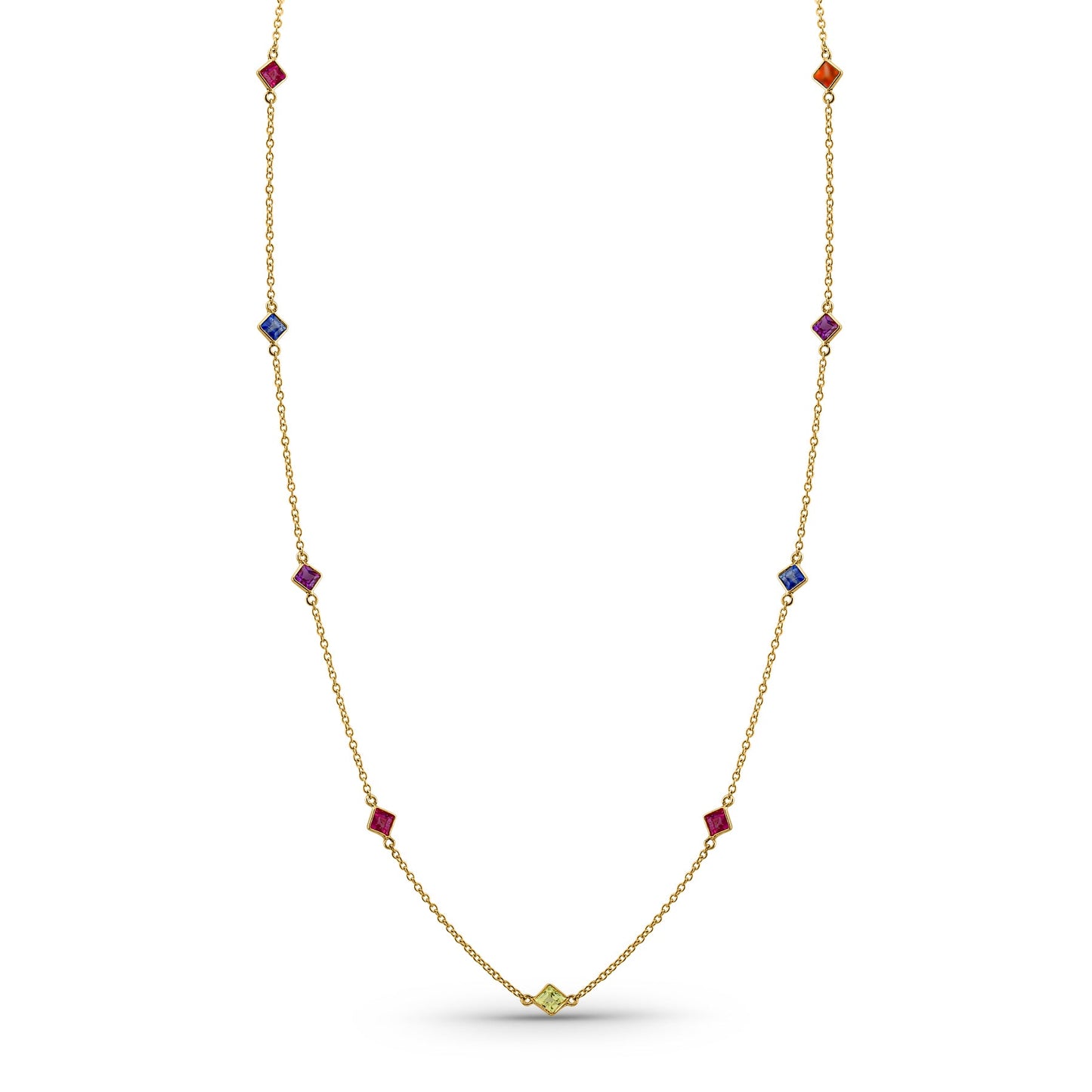 Gemstone Princess-Cut Station Necklace In 18K Yellow Gold - AiJi World 