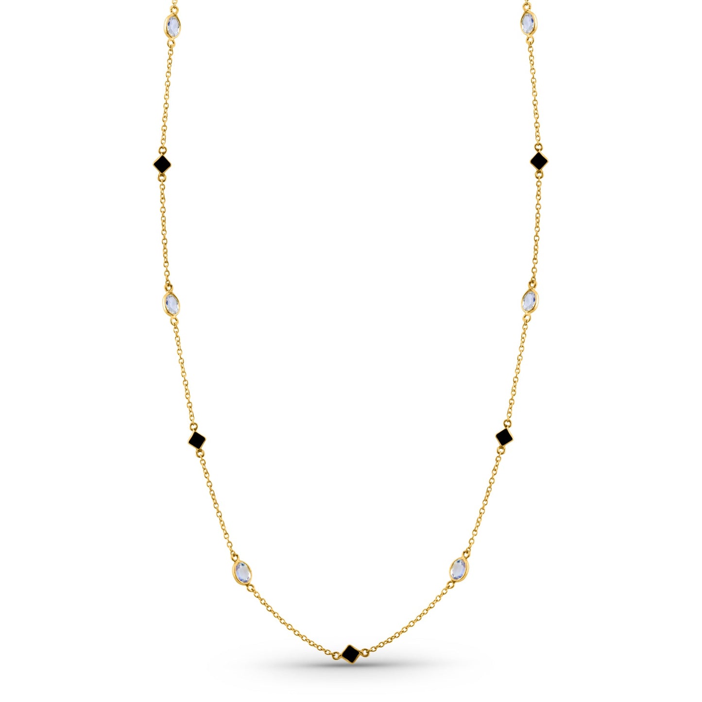 Blue Sapphire Square & Rainbow Moonstone Oval Station Necklace In 18K Yellow Gold - AiJi World 