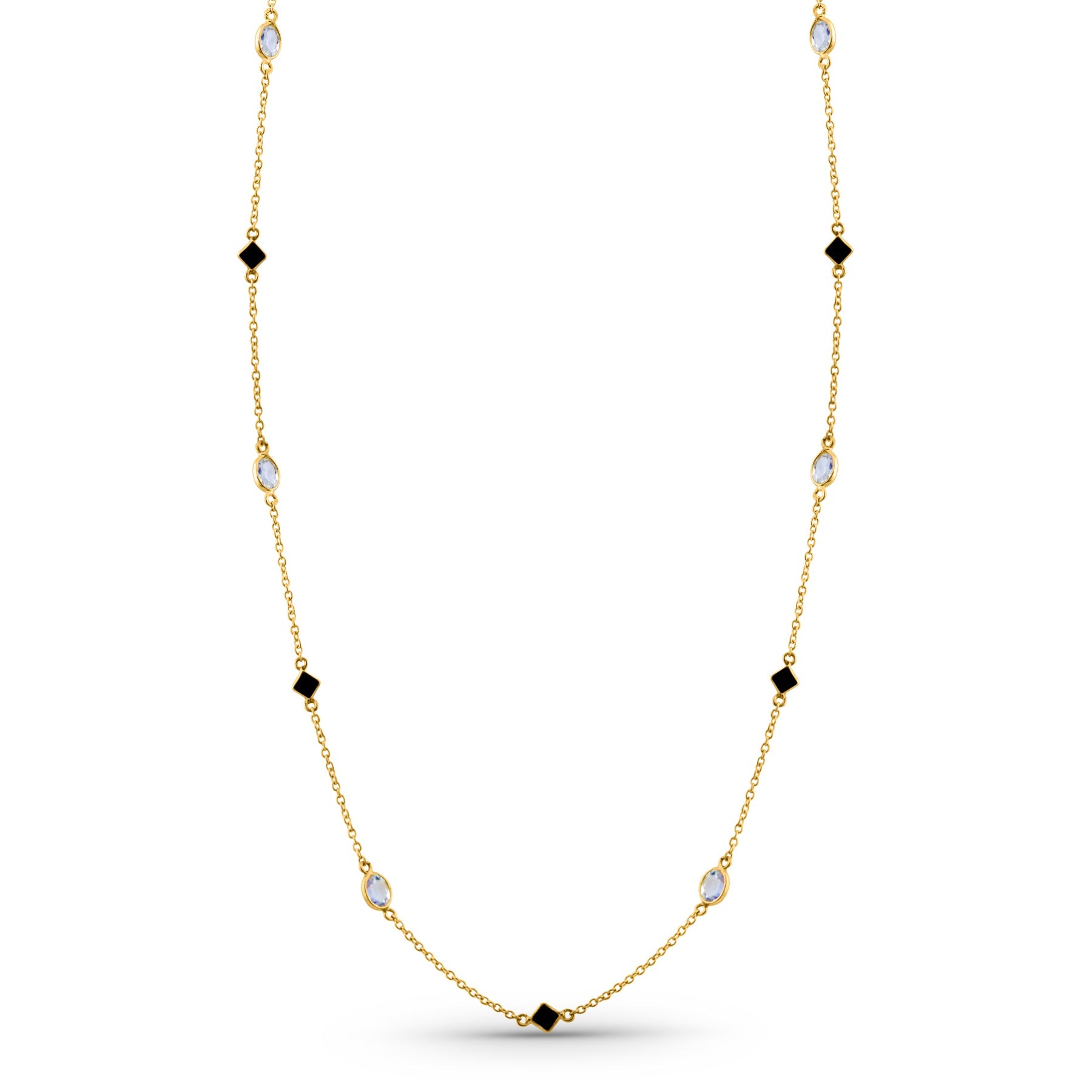 Blue Sapphire Square & Rainbow Moonstone Oval Station Necklace In 18K Yellow Gold - AiJi World 
