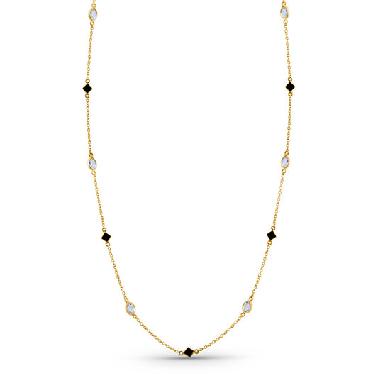 Blue Sapphire Square & Rainbow Moonstone Oval Station Necklace In 18K Yellow Gold - AiJi World 