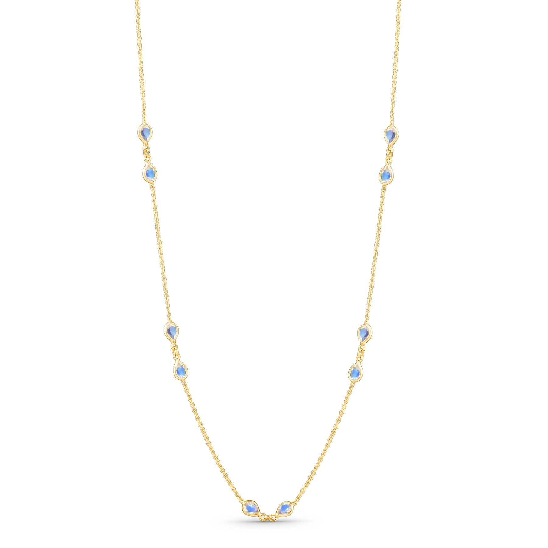 Rainbow Moonstone Pear Shope Necklace In 18K Yellow Gold - AiJi World 