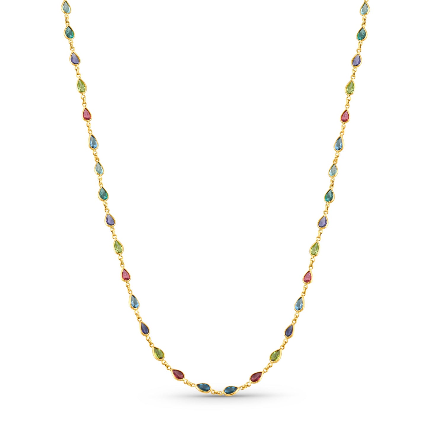 Multicolor Stone Pear Shape Necklace In 18K Yellow Gold - AiJi World 