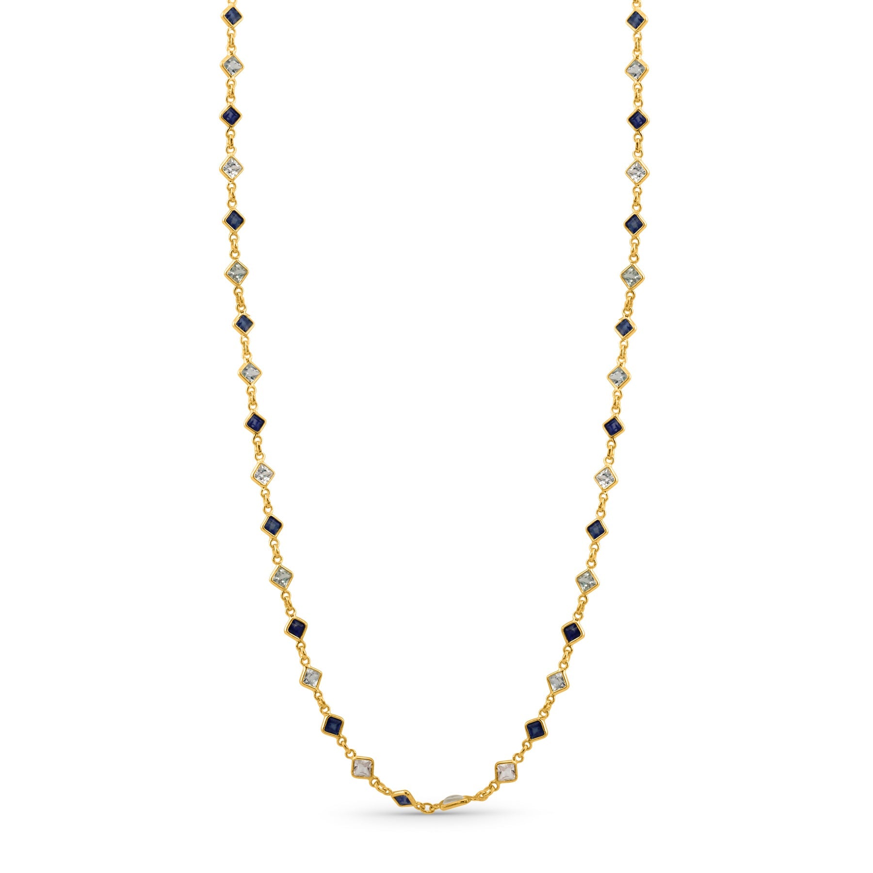 Blue sapphire princess cut Link to Link Necklace In 18K Yellow Gold - AiJi World 