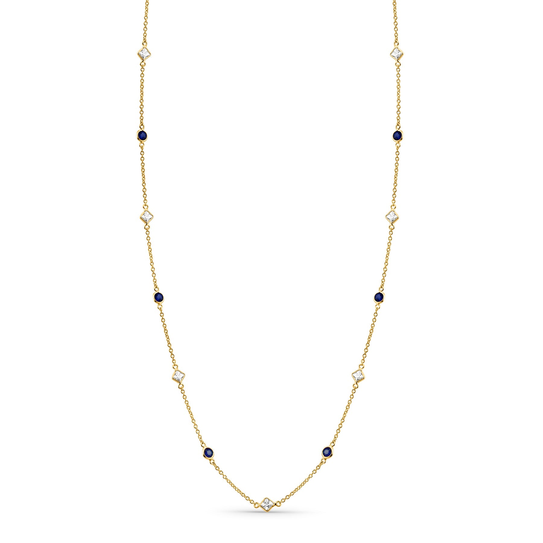 White Sapphire Square & Blue Sapphire Round Necklace In 18K Yellow Gold - AiJi World 