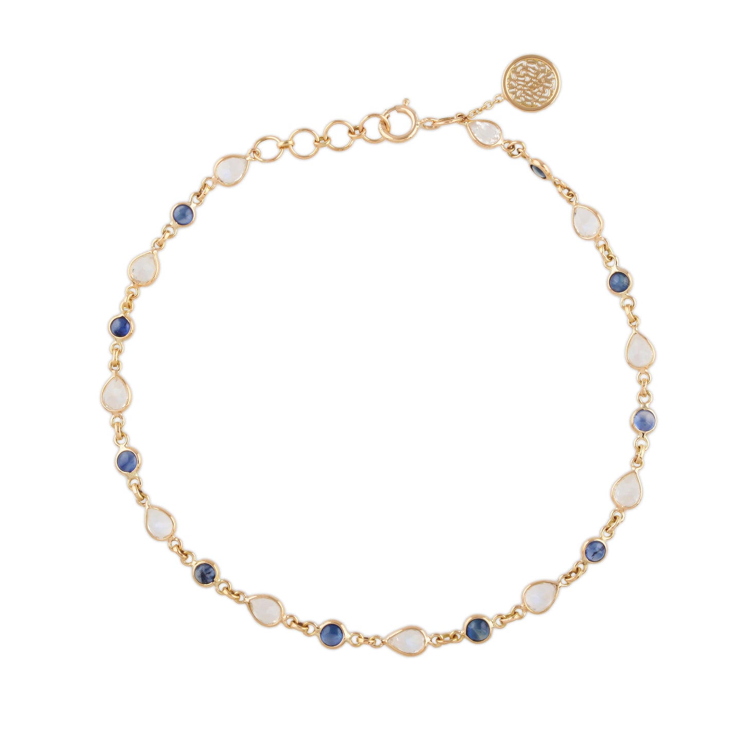 Blue Sapphire Round & Rainbow Moonstone Pear Shape Link to Link Bracelet In 18K Yellow Gold - AiJi World 