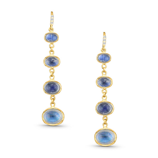 Rainbow Moonstone Oval & Diamond Earring In 18K Yellow Gold - AiJi World 