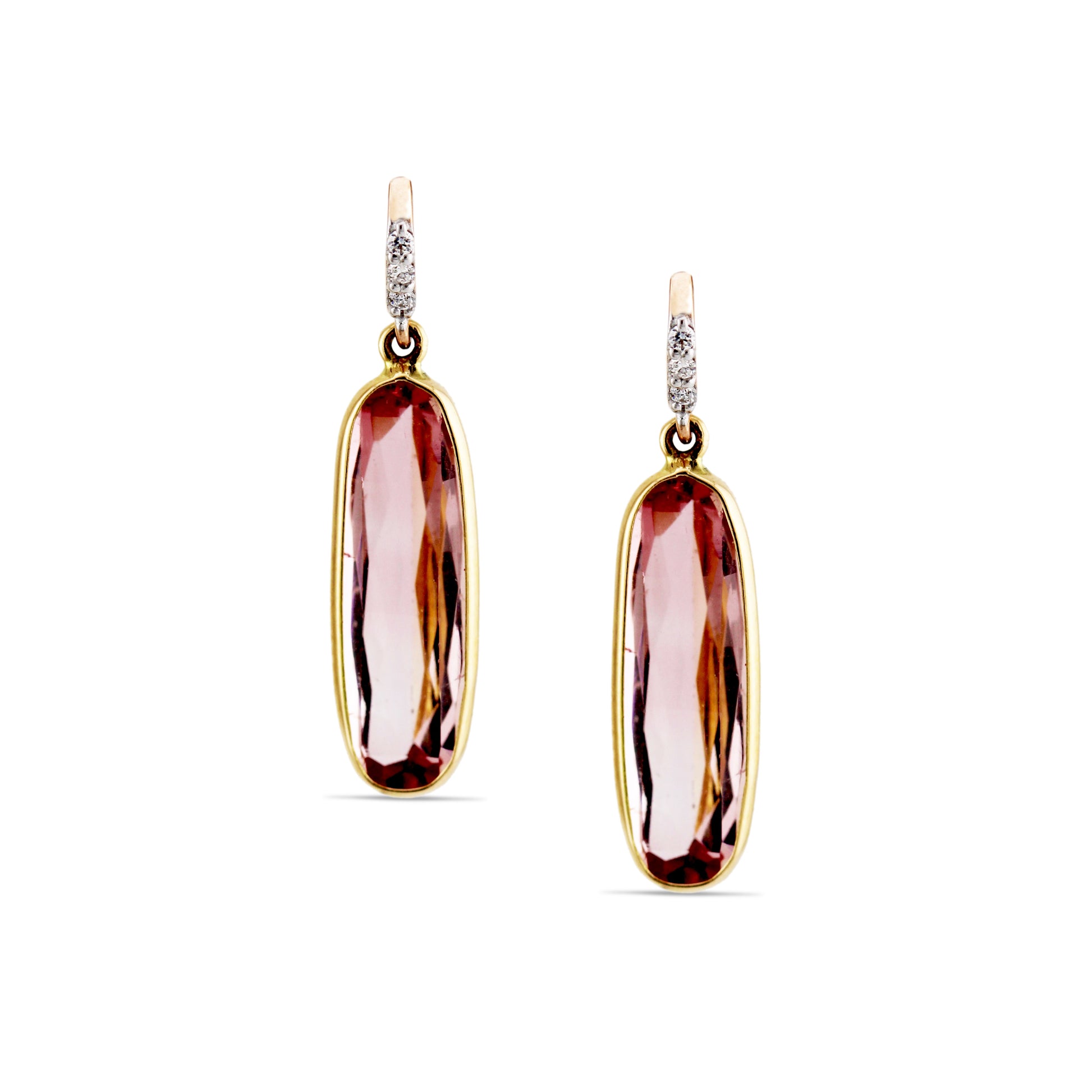 Pink Tourmaline Rectangle & Diamond Earring In 18K Yellow Gold - AiJi World 